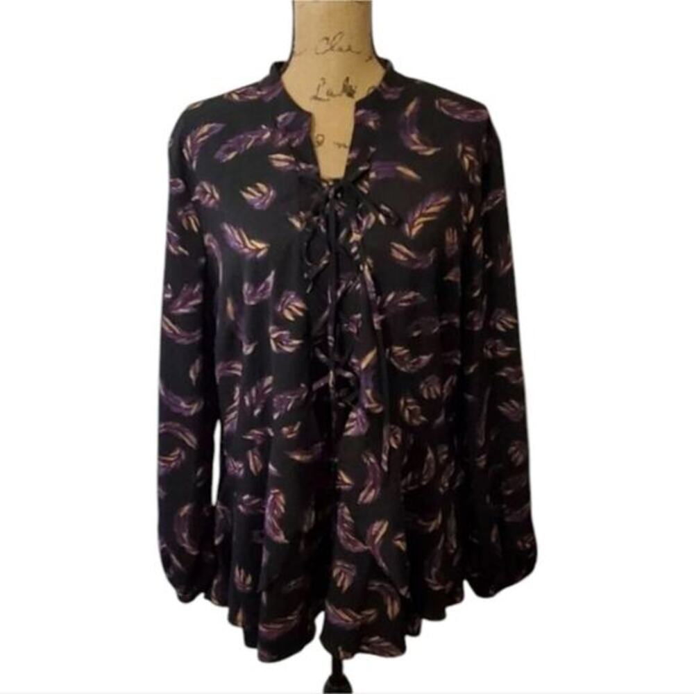 Lane Bryant Black Purple Gold Feather‎ Print Lace Up Peplum Blouse Top Size 24